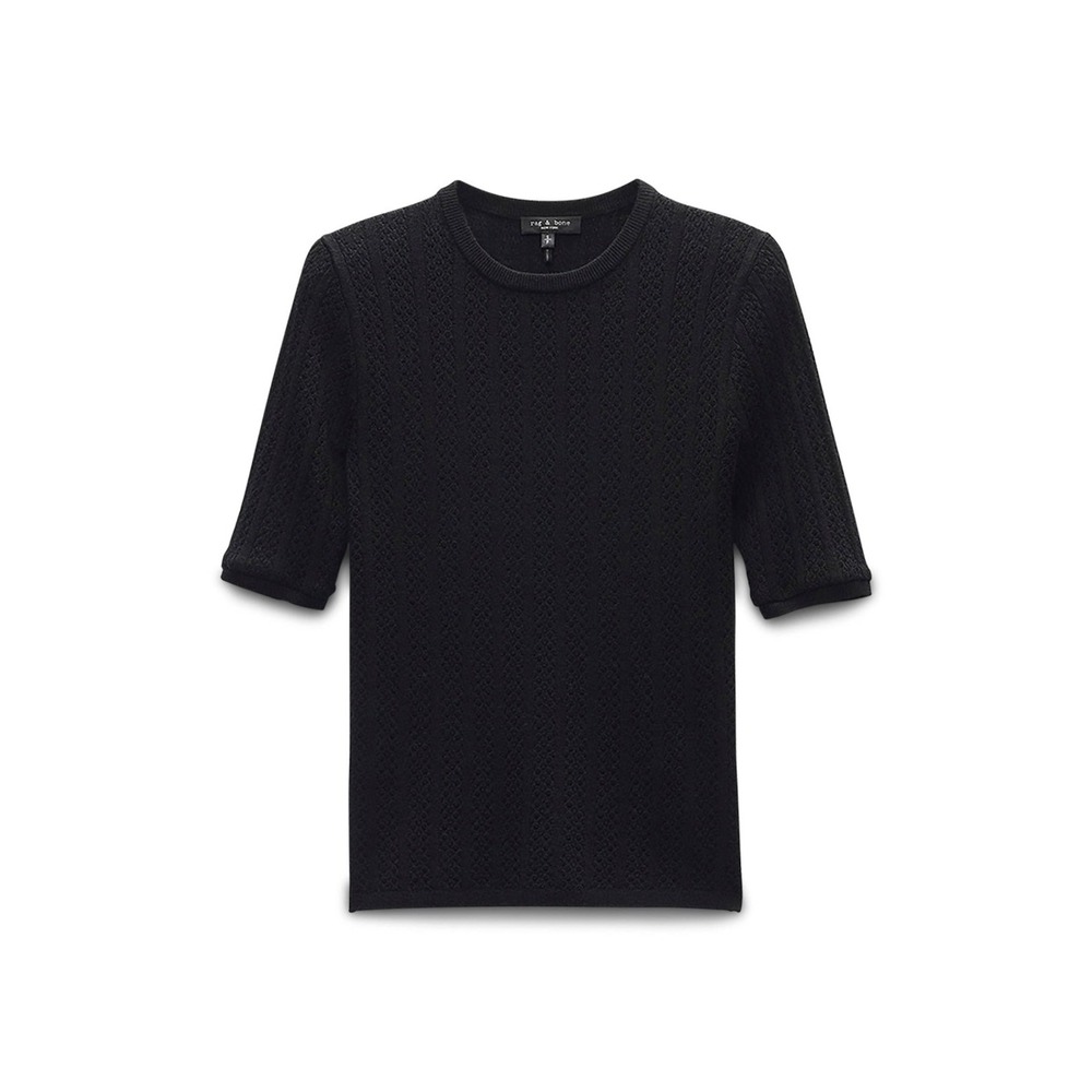 Rag & Bone Tina Short Sleeve Merino Wool Sweater Top M Black Pointelle Knit NWT